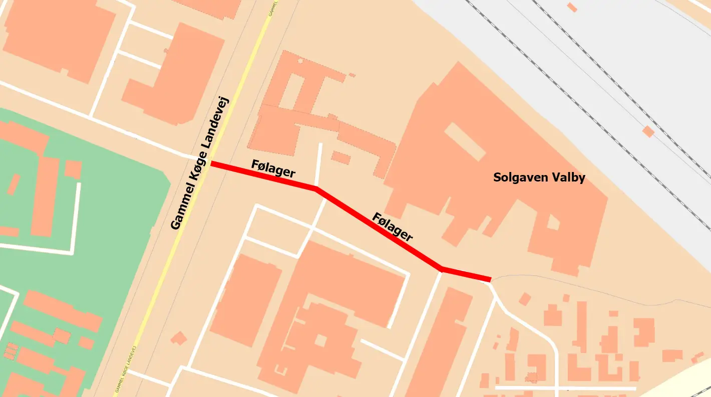 Kort der viser Følager på strækningen mellem Gammel Køge Landevej og stien til stationen