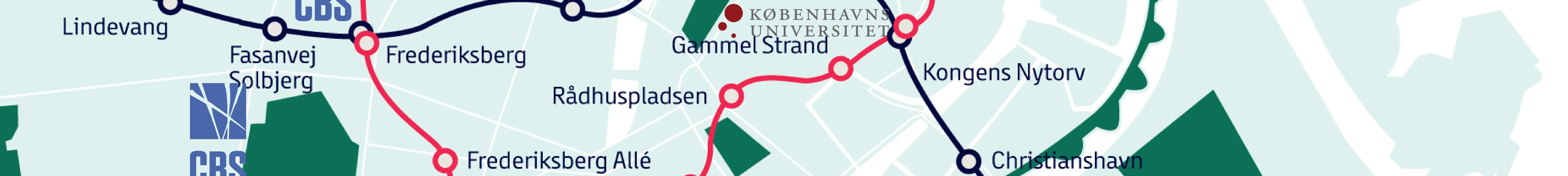 CBS, CPH Business, IT-Universitetet, KEA, Det Kongelige Akademi, Københavns Professionshøjskole, Københavns Universitet logoer på metrolinjekort